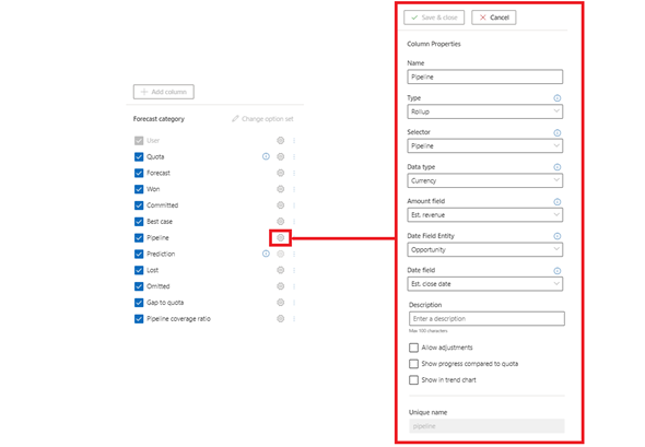 Selecionar a opção de configuração para uma coluna.