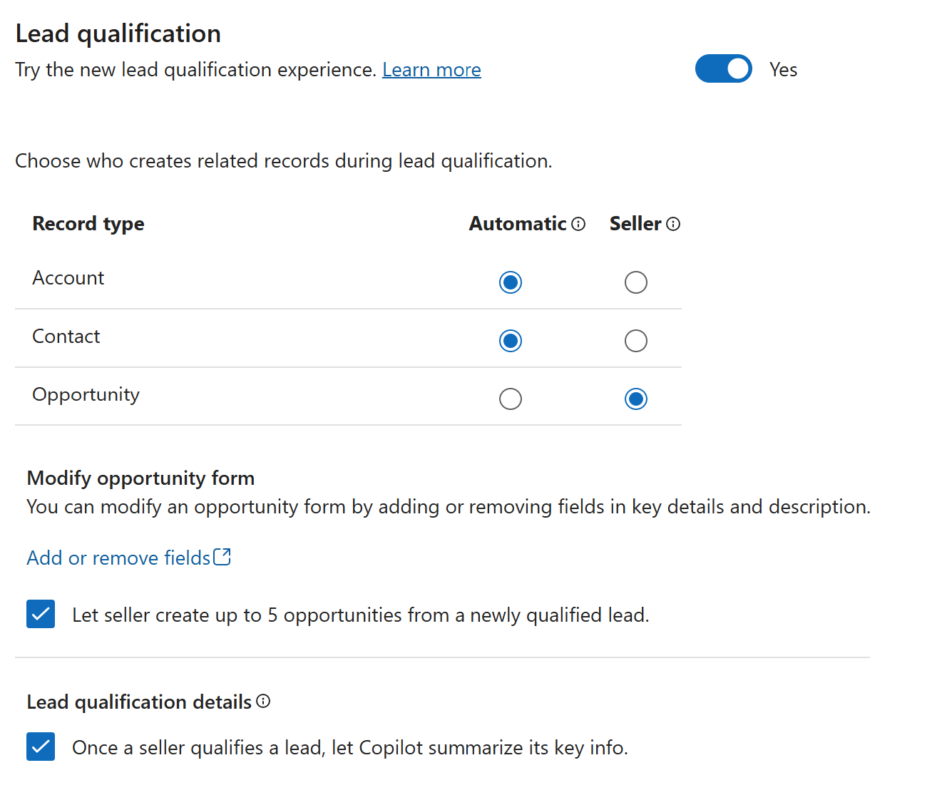 Captura de ecrã da página qualificação de oportunidades potenciais definições.