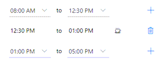 Captura de ecrã do Horário de trabalho definido das 8:00 às 12:30, seguido por uma pausa das 12:30 às 13:00, seguido do horário de trabalho das 13:00 às 17:00 horas.