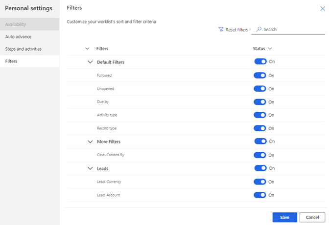 Captura de ecrã da seleção de filtros a partir das definições pessoais.