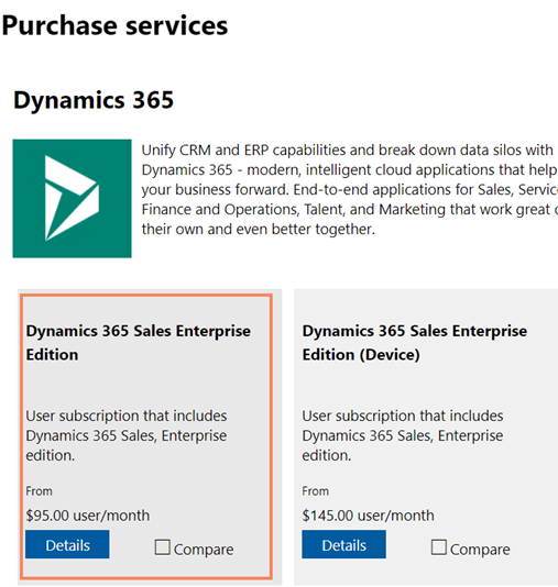 Selecionar o mosaico Dynamics 365 Sales Enterprise.