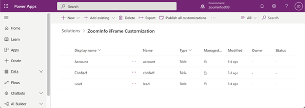 Tabelas Conta, Contactos e Oportunidades Potenciais adicionadas ao iFrame do ZoomInfo