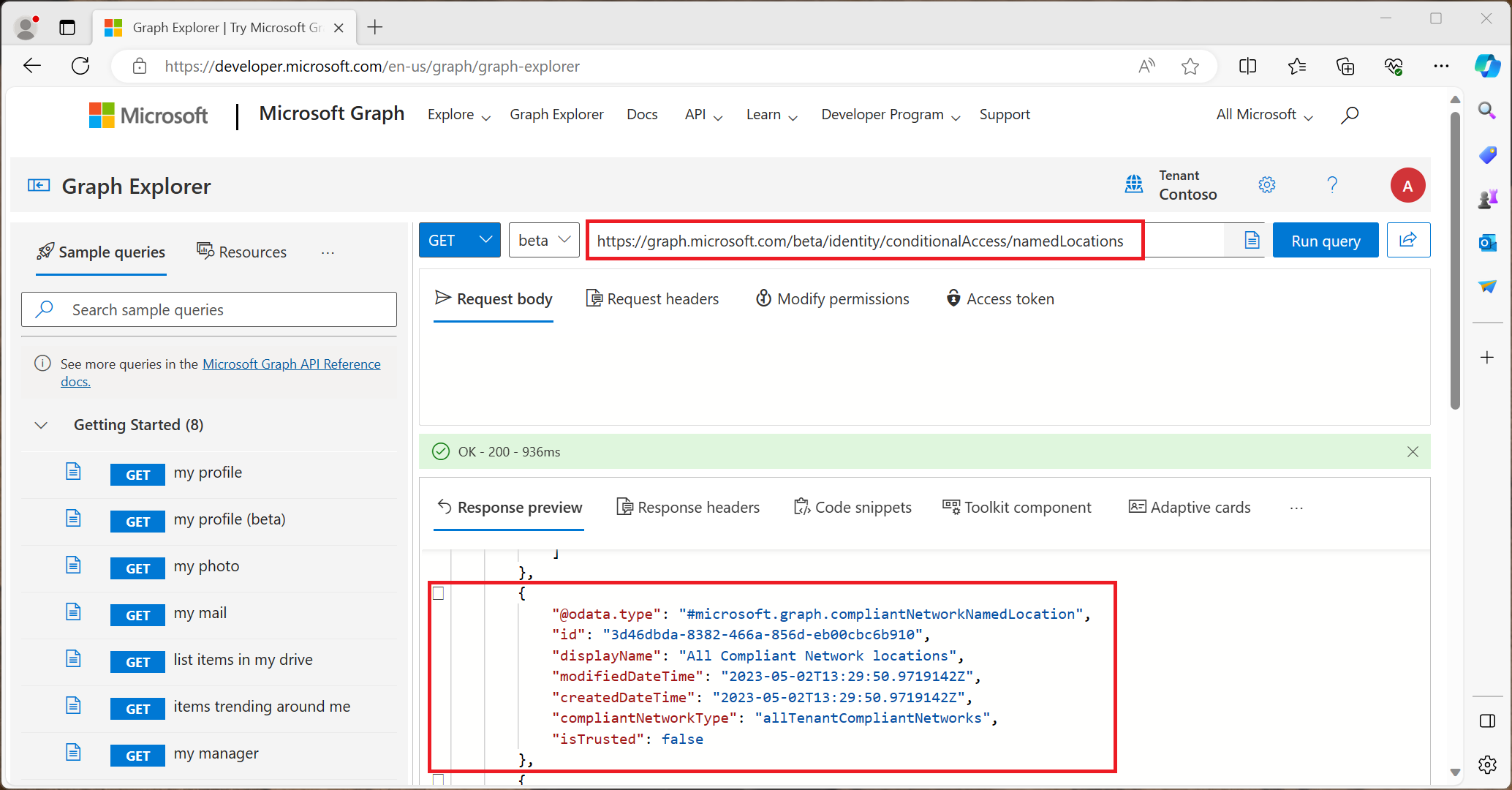 Captura de ecrã a mostrar os resultados da consulta do Graph Explorer