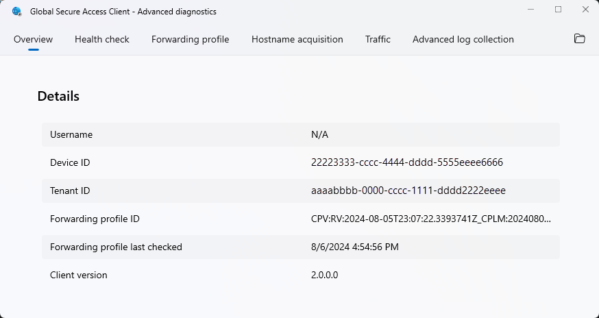 Captura de ecrã a mostrar a caixa de diálogo Global Secure Access Client - Advanced diagnostics no separador Descrição Geral.