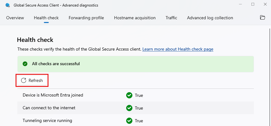 Captura de ecrã do separador Verificação do Estado de Funcionamento do Acesso Seguro Global com o botão Atualizar realçado.