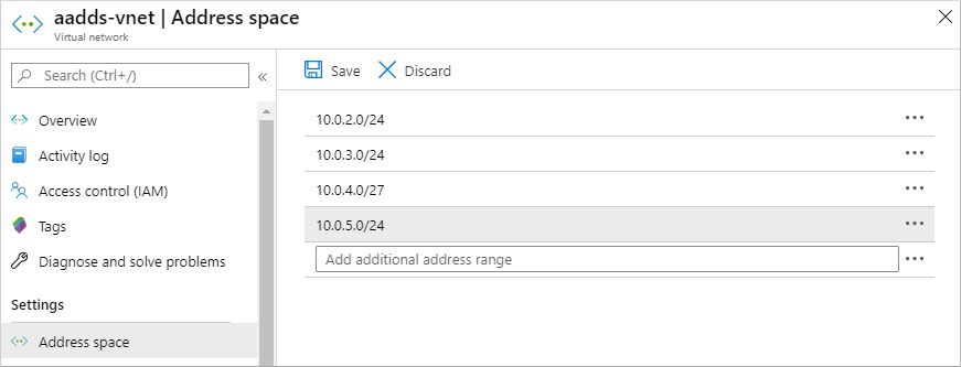 Adicionar um intervalo de endereços IP de rede virtual adicional