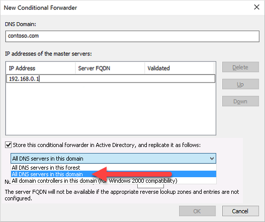 Captura de ecrã de como selecionar Todos os servidores DNS neste domínio.