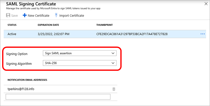 Exemplo: página do certificado de assinatura SAML