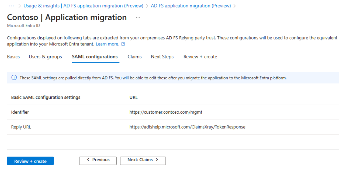 Captura de ecrã do separador Configurações SAML de migração de aplicações do AD FS.