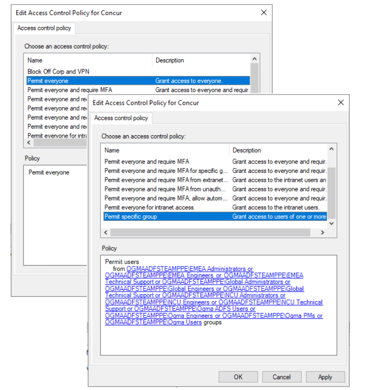 Captura de ecrã do painel de definições de utilizadores e grupos do AD FS.