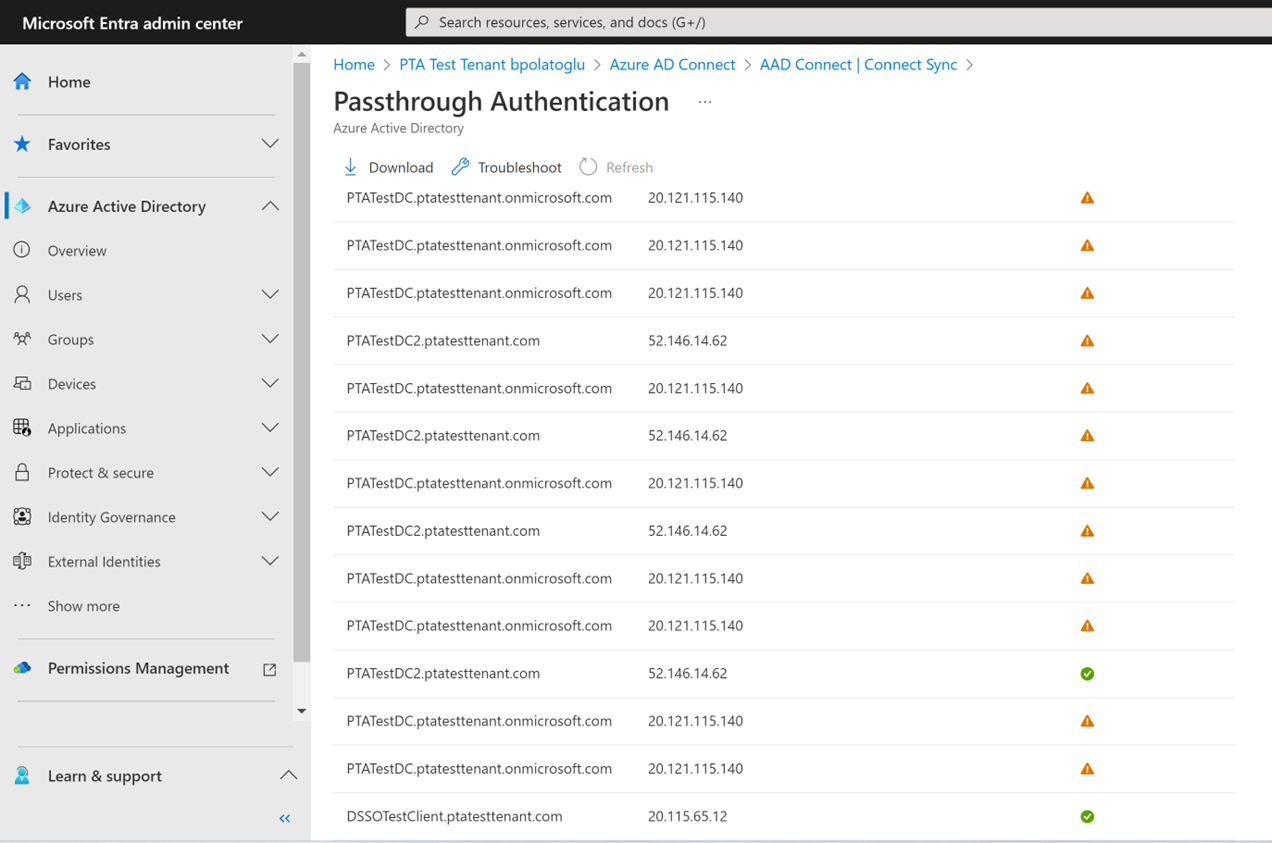 A captura de tela mostra o centro de administração do Microsoft Entra: painel de autenticação de passagem.