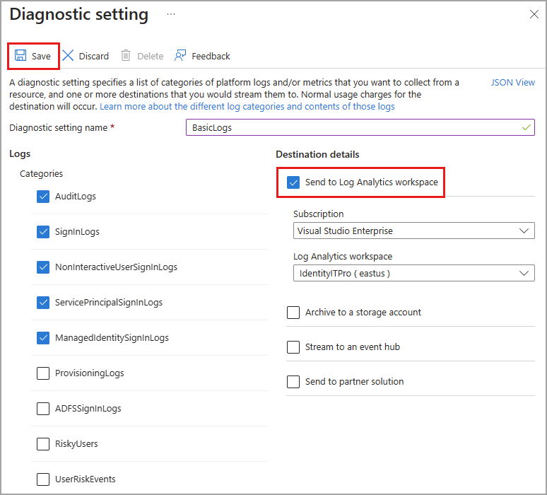 Captura de tela da página criar configurações de diagnóstico, com vários logs selecionados para ir para um espaço de trabalho do Log Analytics.