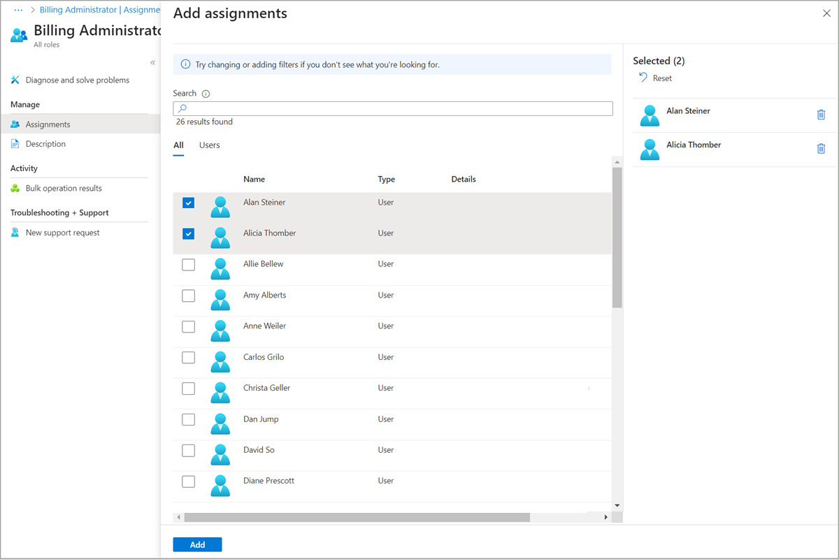 Captura de ecrã do painel Adicionar atribuições para a função selecionada.