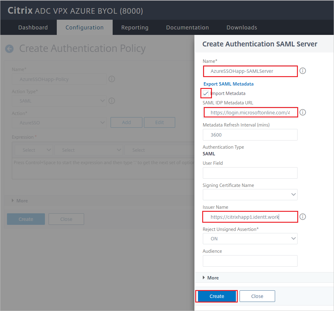 Captura de tela do painel Citrix ADC SAML Connector for Microsoft Entra - Create Authentication SAML Server.