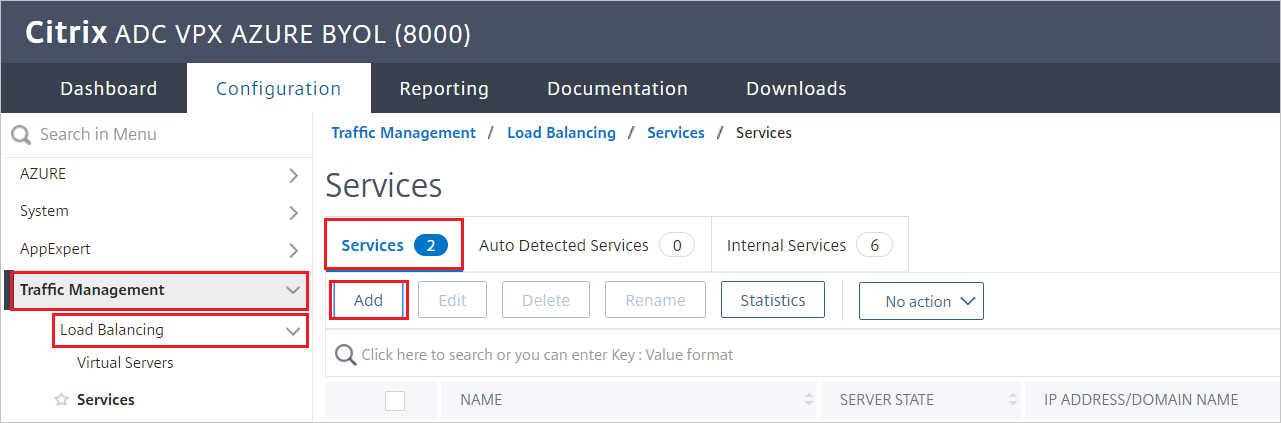 Captura de tela da configuração do Citrix ADC SAML Connector for Microsoft Entra - painel Serviços.