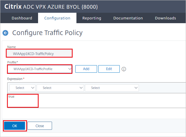 Captura de tela da configuração do Citrix ADC SAML Connector for Microsoft Entra - Configurar o painel Política de Tráfego