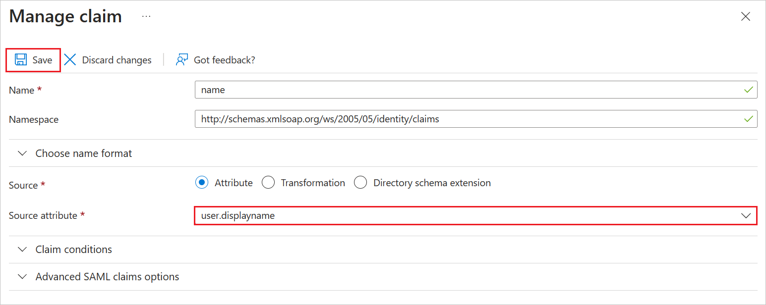 Screenshot shows the image of name claims configuration.
