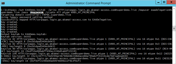 Captura de tela de um prompt de comando do administrador mostrando os resultados do comando para criar um arquivo Keytab para AKAMAI EAA.