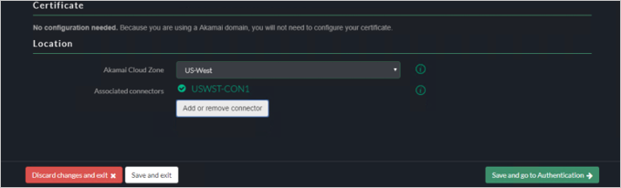 Captura de tela do console EAA da Akamai mostrando as configurações de Certificado e Local. Conectores associados é definido como USWST-CON1.