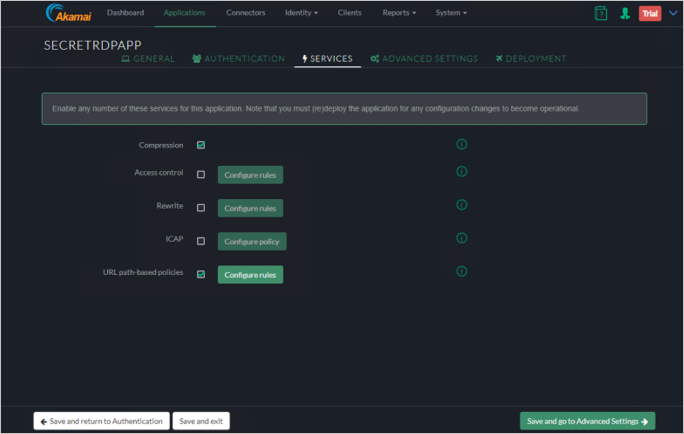 Captura de tela da guia Serviços do console EAA da Akamai para SECRETRDPAPP mostrando o botão Salvar e ir para Configurações Avançadas no canto inferior direito.