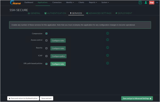 Captura de tela da guia Serviços do console EAA da Akamai para SSH-SECURE mostrando o botão Salvar e ir para Configurações Avançadas no canto inferior direito.