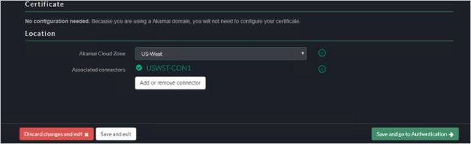 Captura de tela do console EAA da Akamai mostrando as configurações de Certificado e Local.