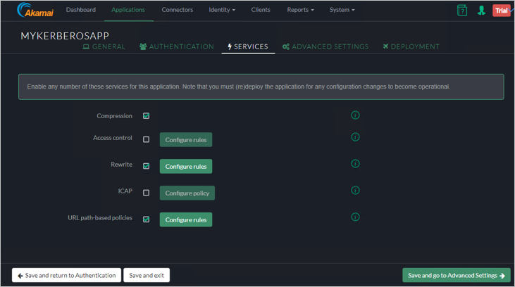 Captura de tela da guia Serviços do console EAA da Akamai para MYKERBOROSAPP.