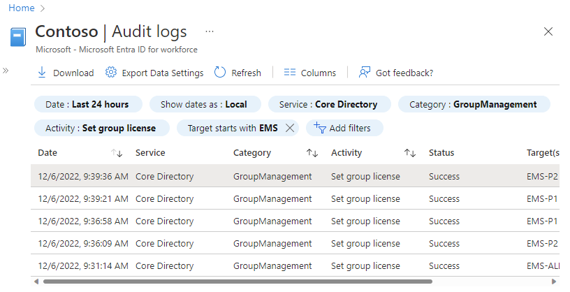 Captura de tela dos logs de auditoria do Microsoft Entra, incluindo um filtro de destino.