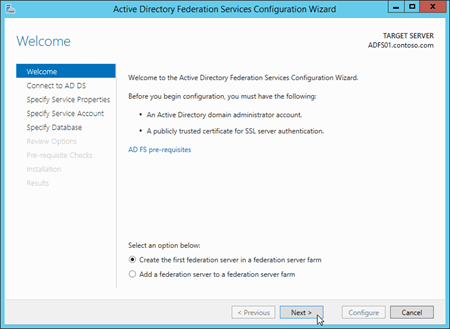 A página Bem-vindo no Assistente de Configuração Serviços de Federação do Active Directory (AD FS).