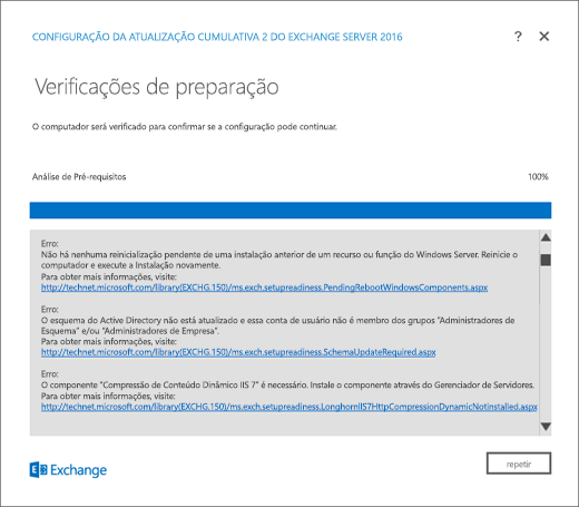 Configuração do Exchange, Página de Verificação de Preparação com erros detectados.