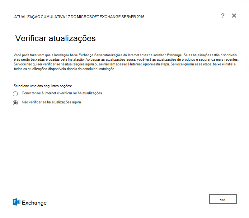 Configuração do Exchange, página Verificação de Atualizações.