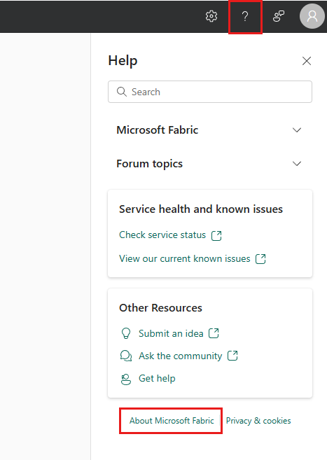 Captura de tela mostrando como chegar a Sobre o Microsoft Fabric no painel de ajuda.