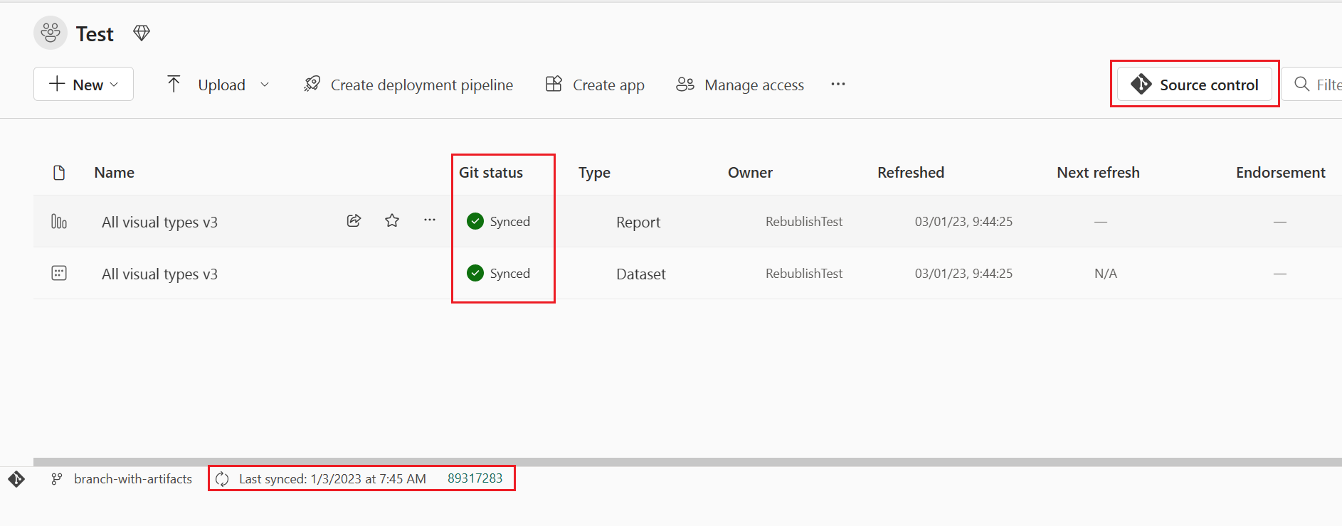 Captura de tela do ícone de controle do código-fonte e outras informações do Git.