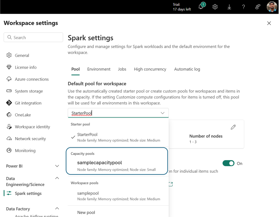 Captura de tela mostrando os pools de capacidade listados na lista Pool nas configurações do espaço de trabalho.