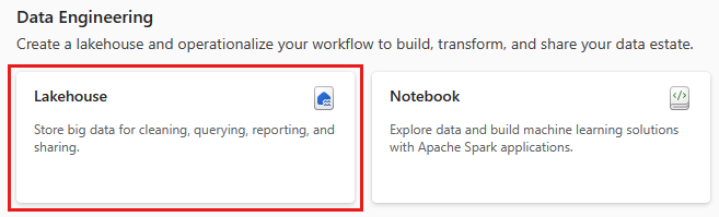 Captura de tela mostrando a opção Lakehouse na página Criar engenharia de dados.