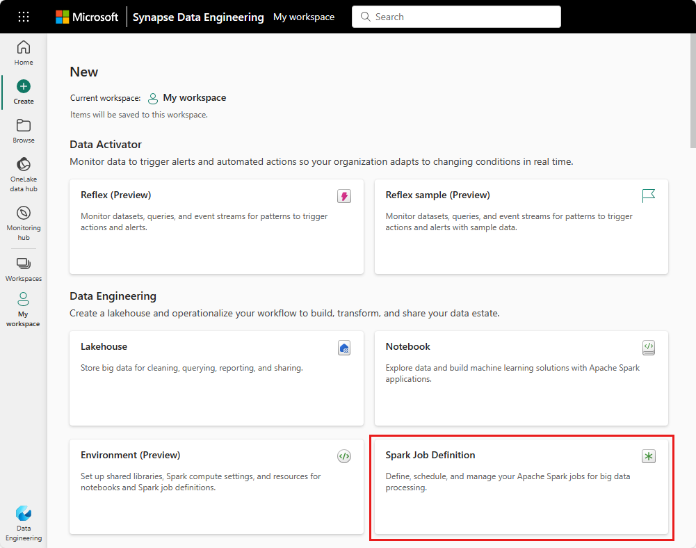 Captura de tela mostrando onde selecionar a definição de trabalho do Spark no Hub Criar.