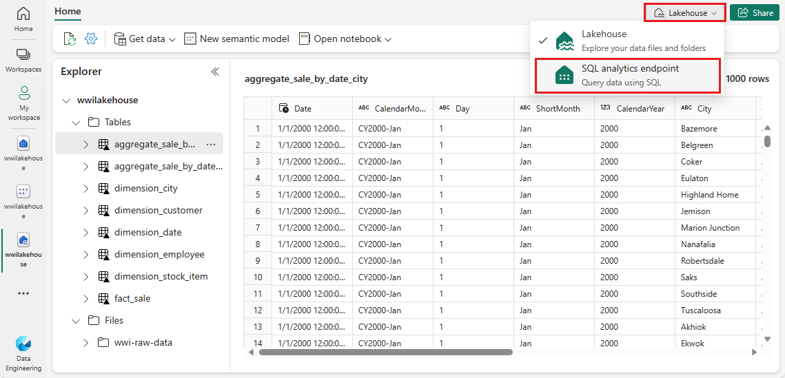 Captura de tela mostrando onde encontrar e selecionar o ponto de extremidade de análise SQL no menu suspenso superior direito.