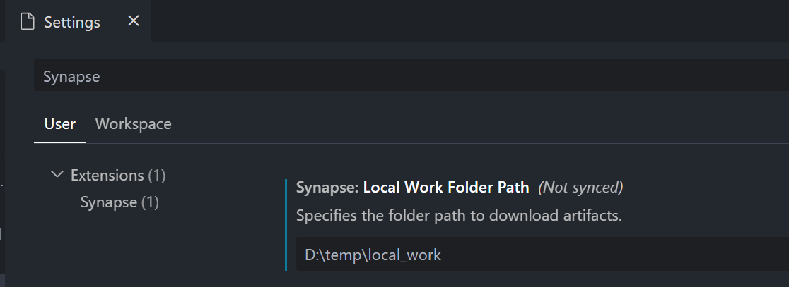 Captura de tela da tela Configurações, mostrando o diretório de trabalho local selecionado.