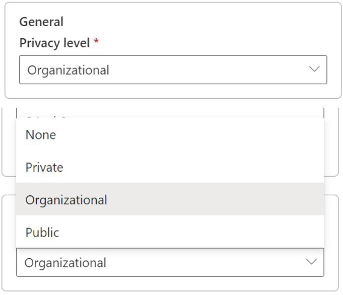 Captura de tela mostrando que o Nível de Privacidade do data lake gen2