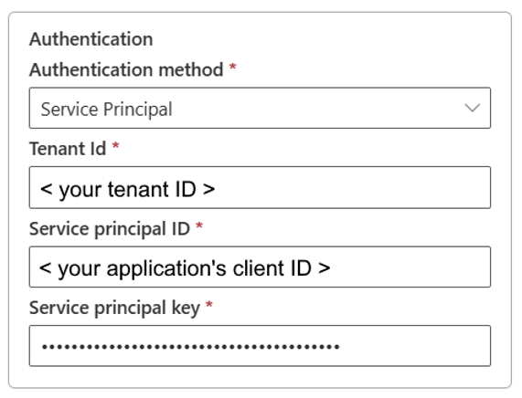 Captura de ecrã a mostrar esse método de autenticação da entidade de serviço para o Azure Data Lake Storage Gen2.