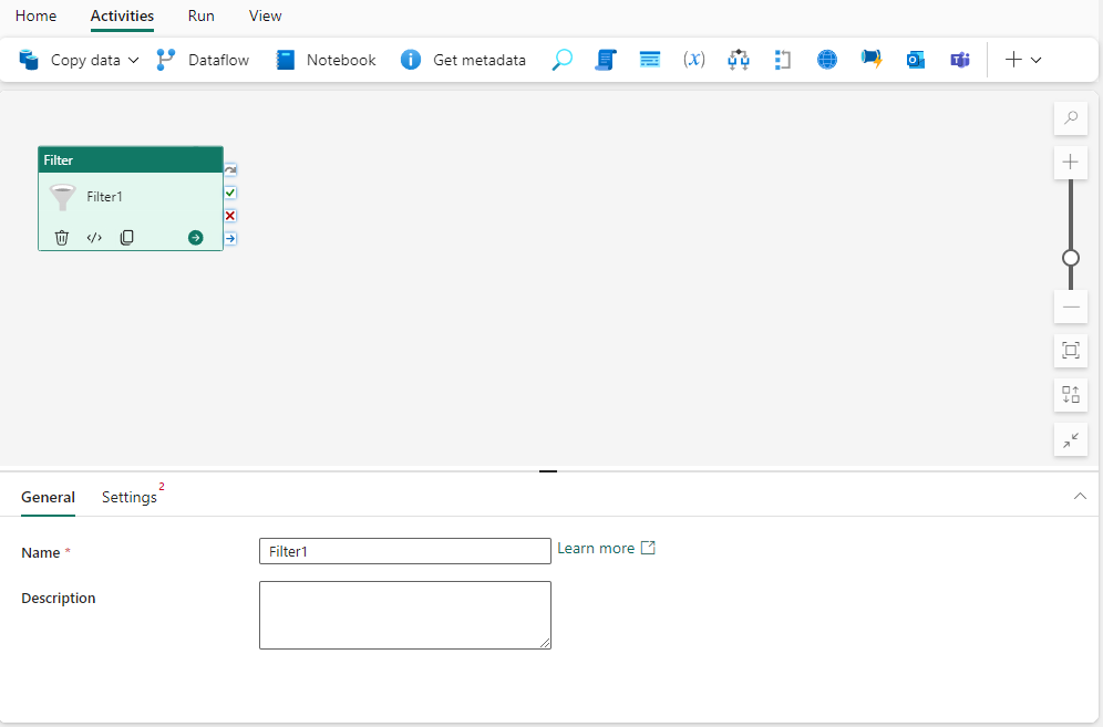 Screenshot showing the General settings tab of the Filter activity.