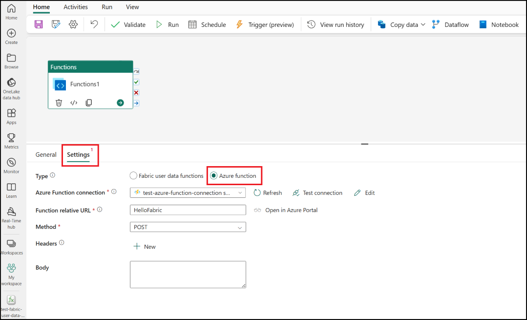 Captura de ecrã a mostrar o separador Definições da atividade Função do Azure.