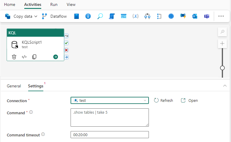 Captura de tela mostrando a guia Configurações da atividade KQL destacando a propriedade Command e mostrando onde o link Adicionar conteúdo dinâmico aparece.