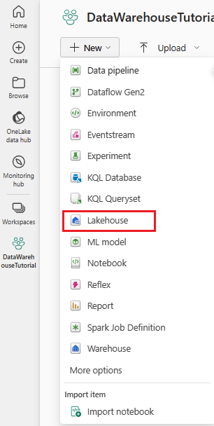 Captura de tela do portal Fabric mostrando o menu + Novo. Lakehouse é encaixotado em vermelho.