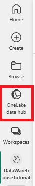 Captura de tela do menu de navegação, mostrando onde selecionar o hub de dados OneLake.