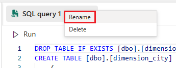 Captura de tela do canto superior da tela do editor de consultas, mostrando onde clicar com o botão direito do mouse para selecionar a opção Renomear.