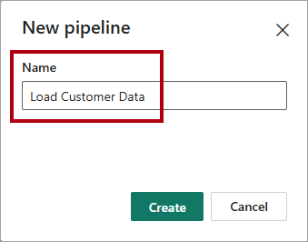 Captura de tela da caixa de diálogo Novo pipeline, realçando o nome inserido.