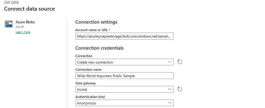 Captura de tela da tela Configurações de conexões com os campos Nome da conta e Credenciais de conexão preenchidos conforme indicado nas etapas anteriores.