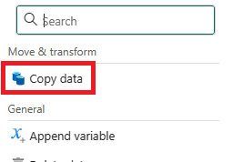 Captura de ecrã da secção Mover e transformar, mostrando onde selecionar Copiar dados.