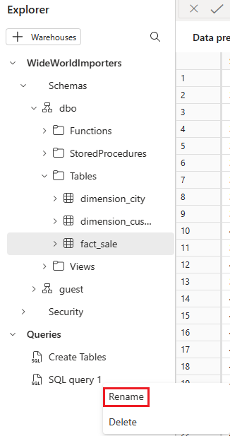 Captura de tela do painel Explorer, mostrando onde clicar com o botão direito do mouse no nome da tabela e selecionar Renomear.